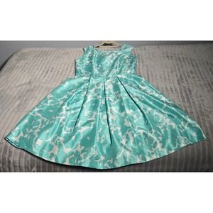 Danny&Nicole Teal White Floral Jacquard Fit Flare Dress Womens 10 Sleeveless.413